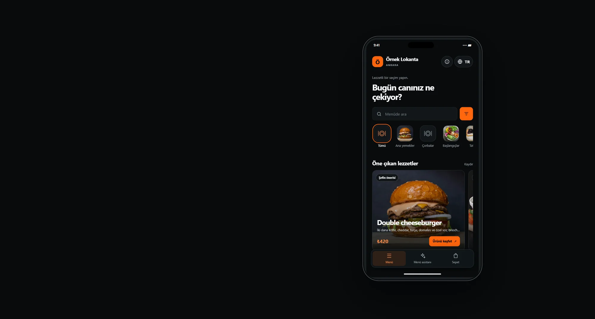 A sample restaurant’s VOGMENÜ menu in a phone frame on a dark background: search, categories and a featured dish card.